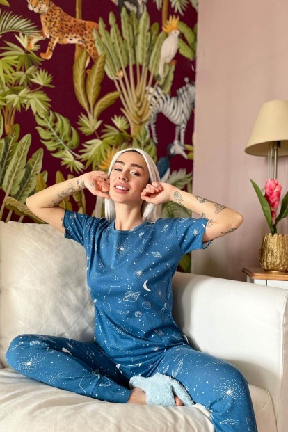 Mavi Galaksi Baskılı Kısa Kollu Kadın Pijama Takımı - 3
