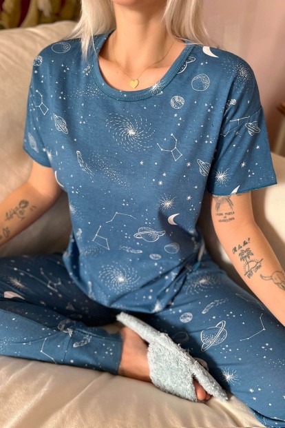 Mavi Galaksi Baskılı Kısa Kollu Kadın Pijama Takımı - 4