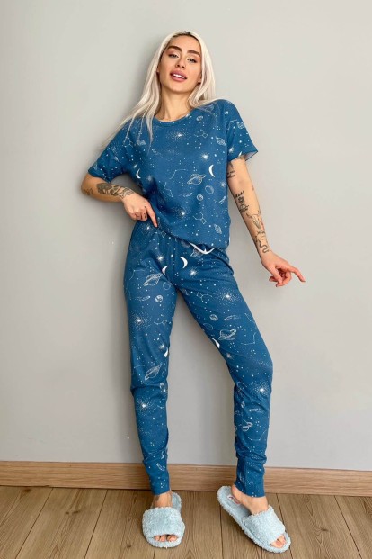 Mavi Galaksi Baskılı Kısa Kollu Kadın Pijama Takımı - 5