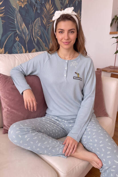 Mavi Giraffe Desenli Waffle Soft Uzun Kollu Kadın Pijama Takım - 2