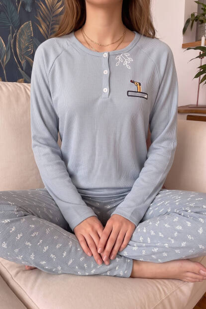 Mavi Giraffe Desenli Waffle Soft Uzun Kollu Kadın Pijama Takım - 4