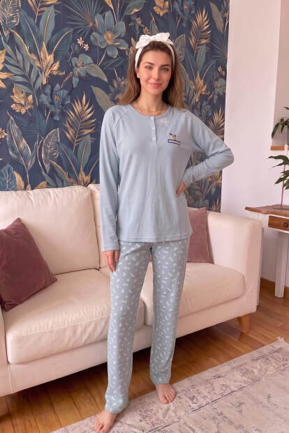 Mavi Giraffe Desenli Waffle Soft Uzun Kollu Kadın Pijama Takım - 6