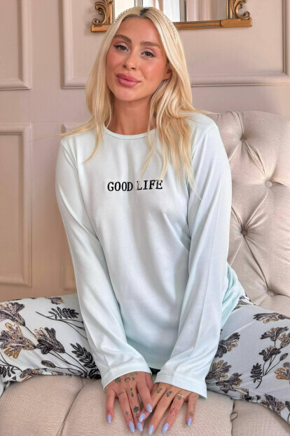 Mavi Good Life Desenli Termal Kadın Pijama Takımı - 7