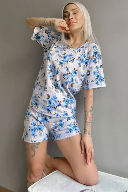 Mavi Gül Baskılı Şortlu Kadın Pijama Takımı - 1