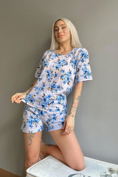 Mavi Gül Baskılı Şortlu Kadın Pijama Takımı - 3