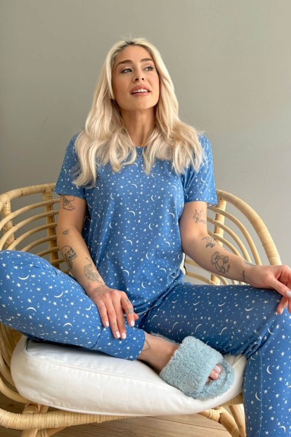 Mavi Halbmond Baskılı Kısa Kollu Kadın Pijama Takımı - 1