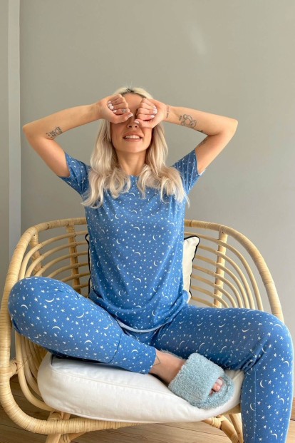 Mavi Halbmond Baskılı Kısa Kollu Kadın Pijama Takımı - 2