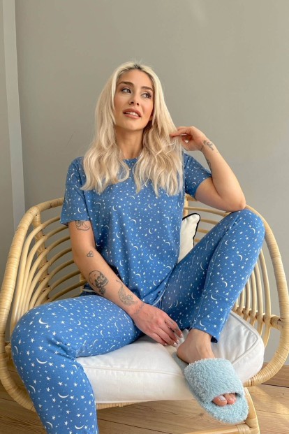 Mavi Halbmond Baskılı Kısa Kollu Kadın Pijama Takımı - 3
