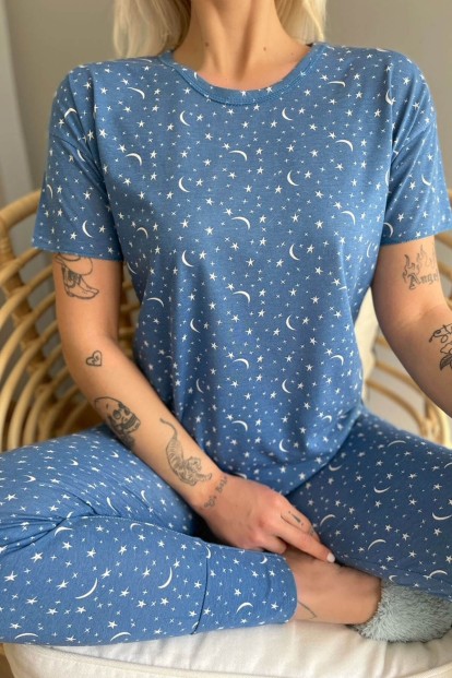 Mavi Halbmond Baskılı Kısa Kollu Kadın Pijama Takımı - 4