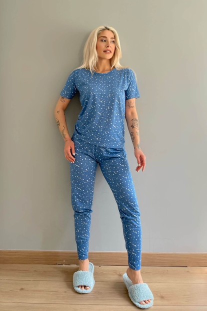 Mavi Halbmond Baskılı Kısa Kollu Kadın Pijama Takımı - 5