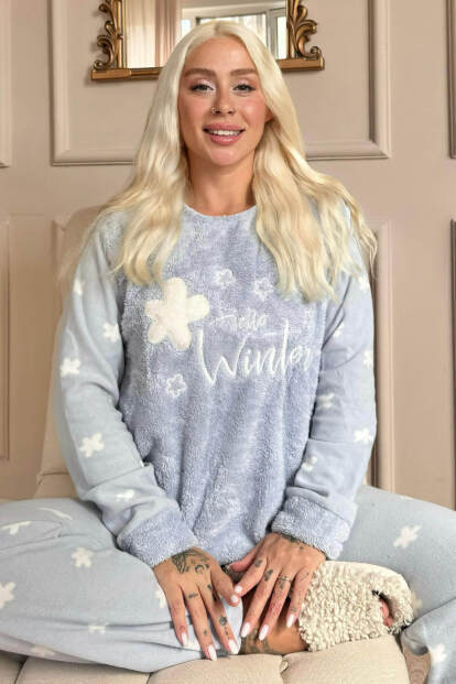 Mavi Hello Winter Desenli Kadın Peluş Pijama Takımı - 7