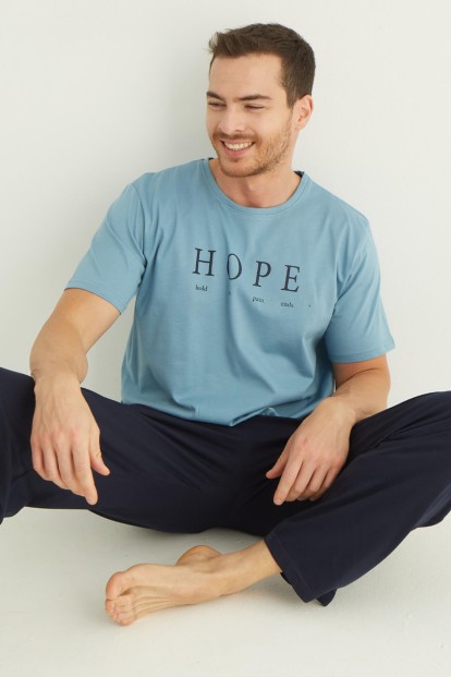 Mavi Hope Baskılı Kısa Kollu Alt Uzun Erkek Pijama Takımı - 1