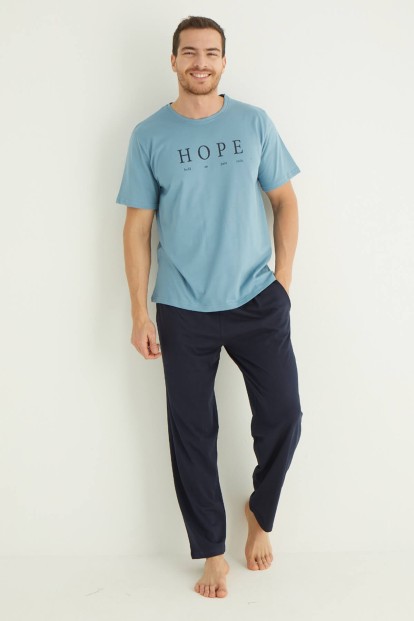 Mavi Hope Baskılı Kısa Kollu Alt Uzun Erkek Pijama Takımı - 2