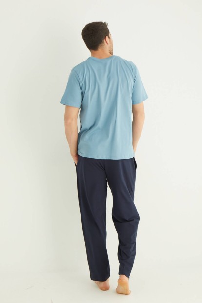Mavi Hope Baskılı Kısa Kollu Alt Uzun Erkek Pijama Takımı - 3