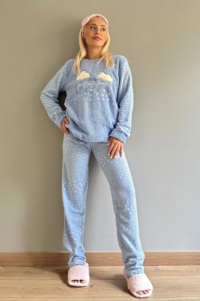 Mavi Je Men Fous Desenli Kadın Peluş Pijama Takımı - 4