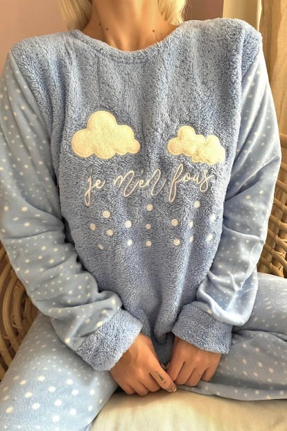 Mavi Je Men Fous Desenli Kadın Peluş Pijama Takımı - 5