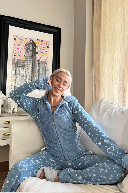 Mavi Kalp Desenli Kadın Polar Peluş Tulum Pijama - 2