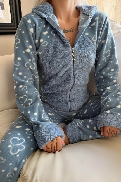 Mavi Kalp Desenli Kadın Polar Peluş Tulum Pijama - 3