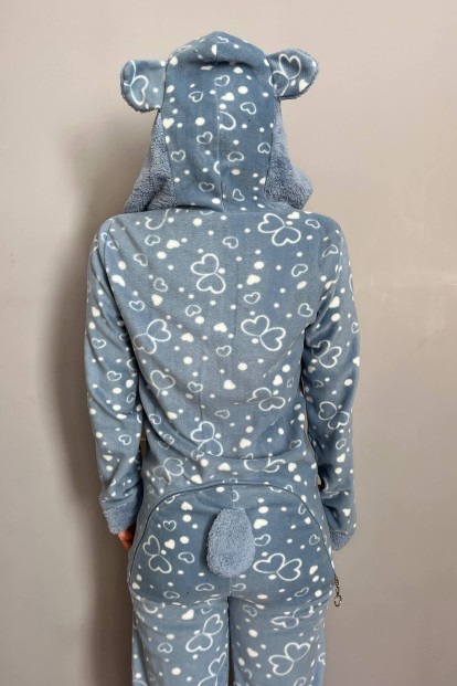 Mavi Kalp Desenli Kadın Polar Peluş Tulum Pijama - 4