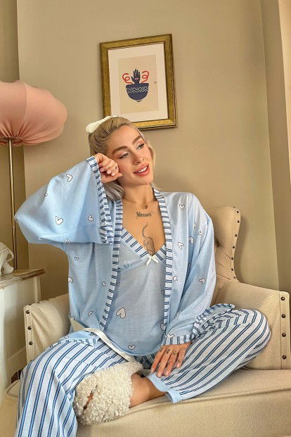 Mavi Kalp Desenli Sabahlıklı Örme Pijama Takımı - 2