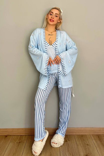 Mavi Kalp Desenli Sabahlıklı Örme Pijama Takımı - 5