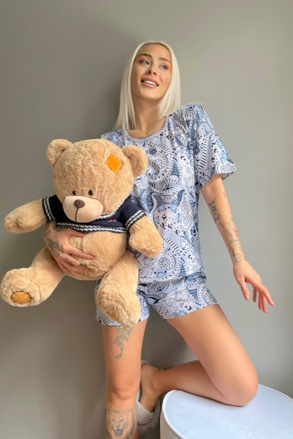 Mavi Klasik Etnik Baskılı Şortlu Kadın Pijama Takımı - 3