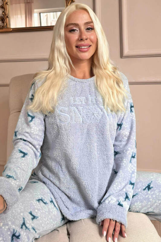 Mavi Let it Snow Desenli Kadın Peluş Pijama Takımı - Pijamaevi
