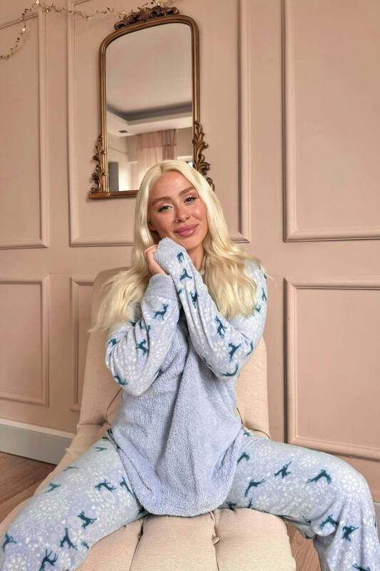 Mavi Let it Snow Desenli Kadın Peluş Pijama Takımı - Pijamaevi (2)