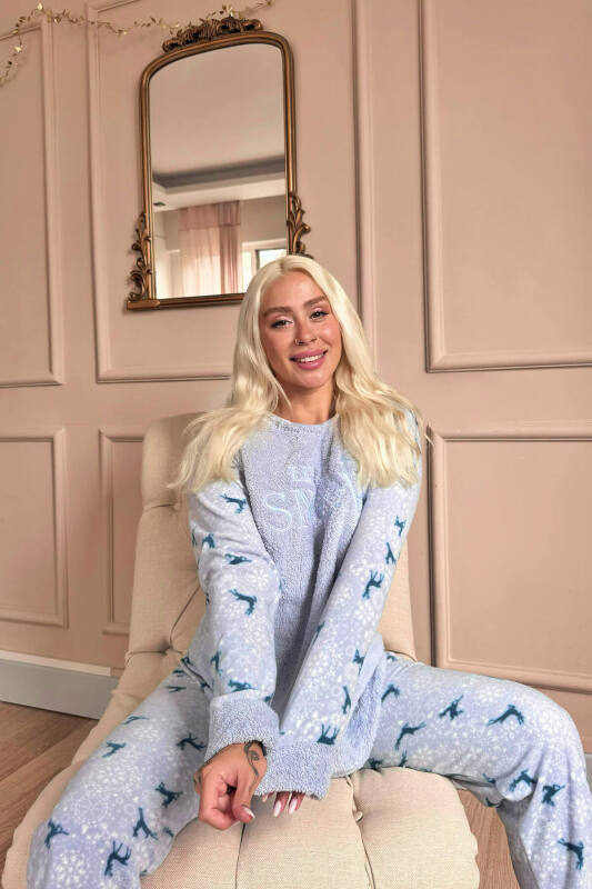 Mavi Let it Snow Desenli Kadın Peluş Pijama Takımı - Pijamaevi (3)