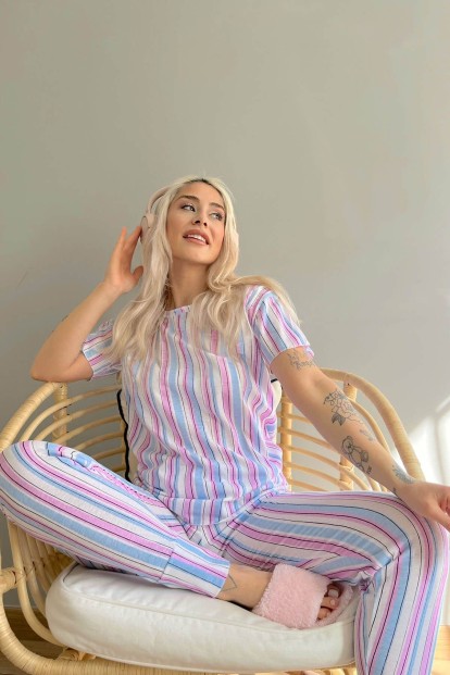 Mavi Linie Baskılı Kısa Kollu Kadın Pijama Takımı - 3