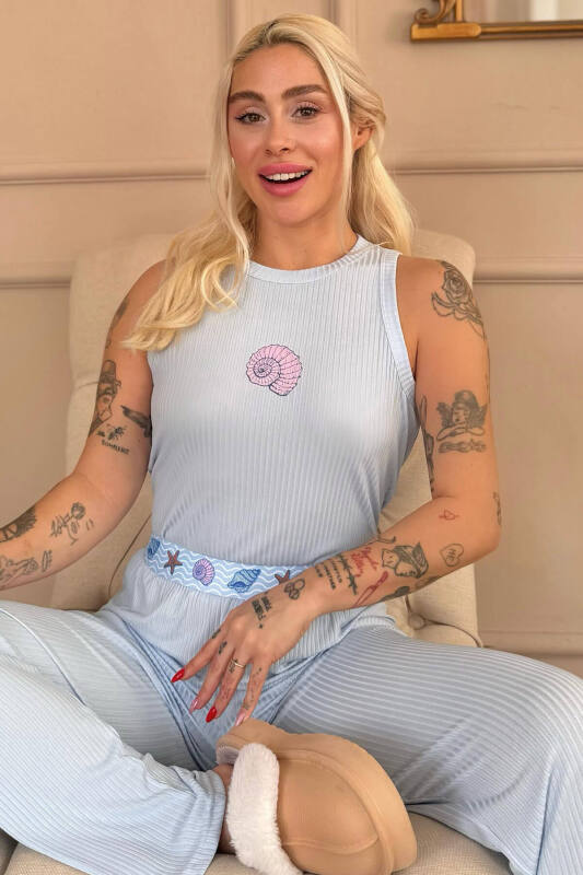 Mavi Marin Desenli Örme Sıfır Kol Kadın Pijama Takımı - Pijamaevi