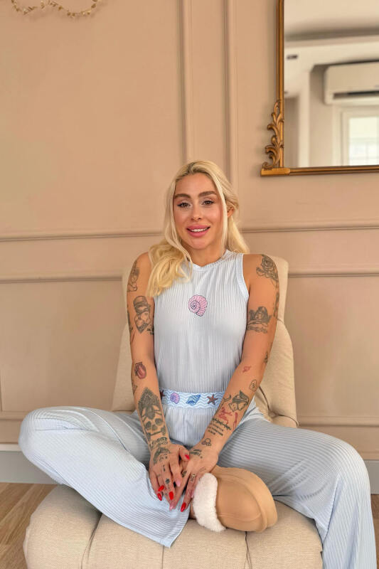 Mavi Marin Desenli Örme Sıfır Kol Kadın Pijama Takımı - Pijamaevi (1)