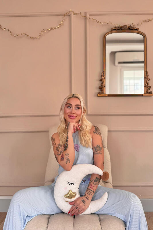 Mavi Marin Desenli Örme Sıfır Kol Kadın Pijama Takımı - Pijamaevi (2)