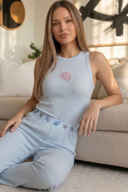 Mavi Marin Desenli Örme Sıfır Kol Kadın Pijama Takımı 