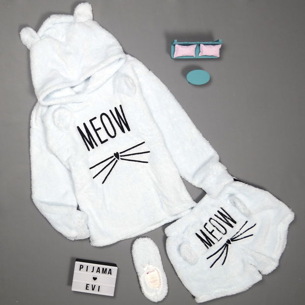 Mavi Meow Desenli Şortlu Tam Peluş Pijama Takımı - 1