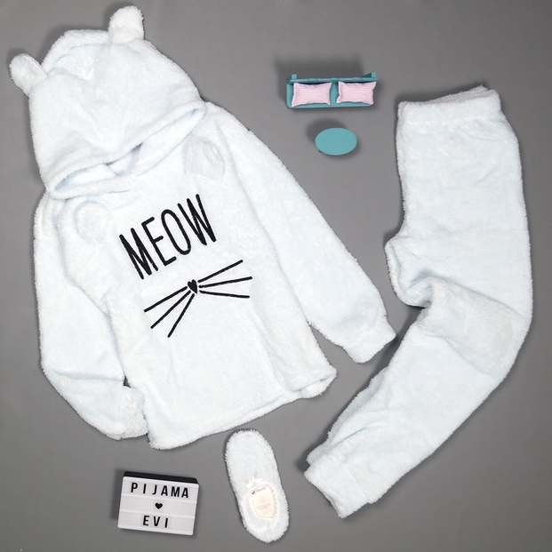 Mavi Meow Desenli Tam Peluş Pijama Takımı - 1