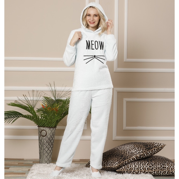 Mavi Meow Desenli Tam Peluş Pijama Takımı - 2
