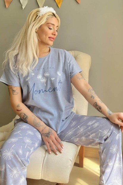 Mavi Moment Baskılı Kısa Kollu Kadın Pijama Takımı - 1
