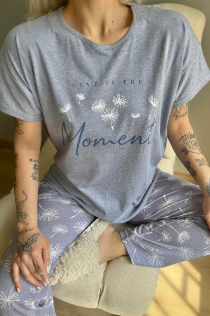 Mavi Moment Baskılı Kısa Kollu Kadın Pijama Takımı - 4