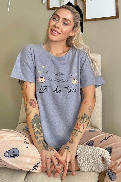 Mavi Monday Baskılı Kısa Kollu Kadın Pijama Takımı - 1