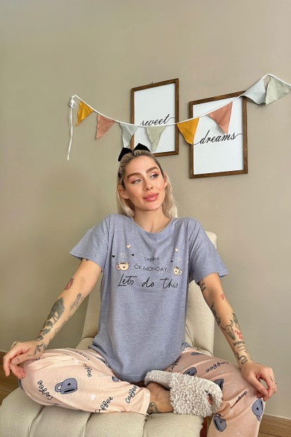 Mavi Monday Baskılı Kısa Kollu Kadın Pijama Takımı - 3
