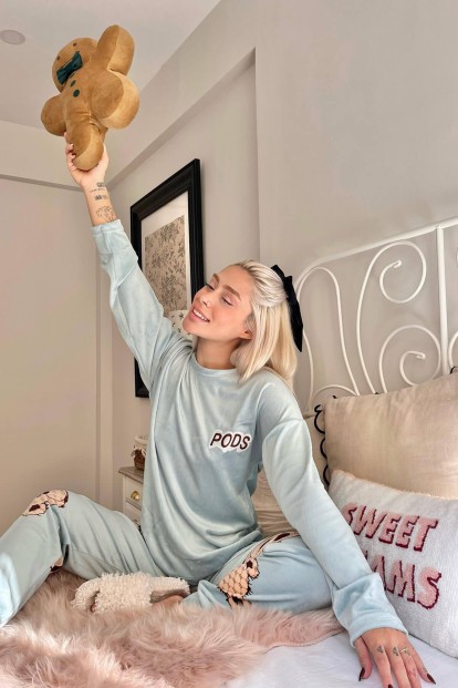 Mavi Pods Desenli Exclusive Kadife Kadın Pijama Takımı  - 3