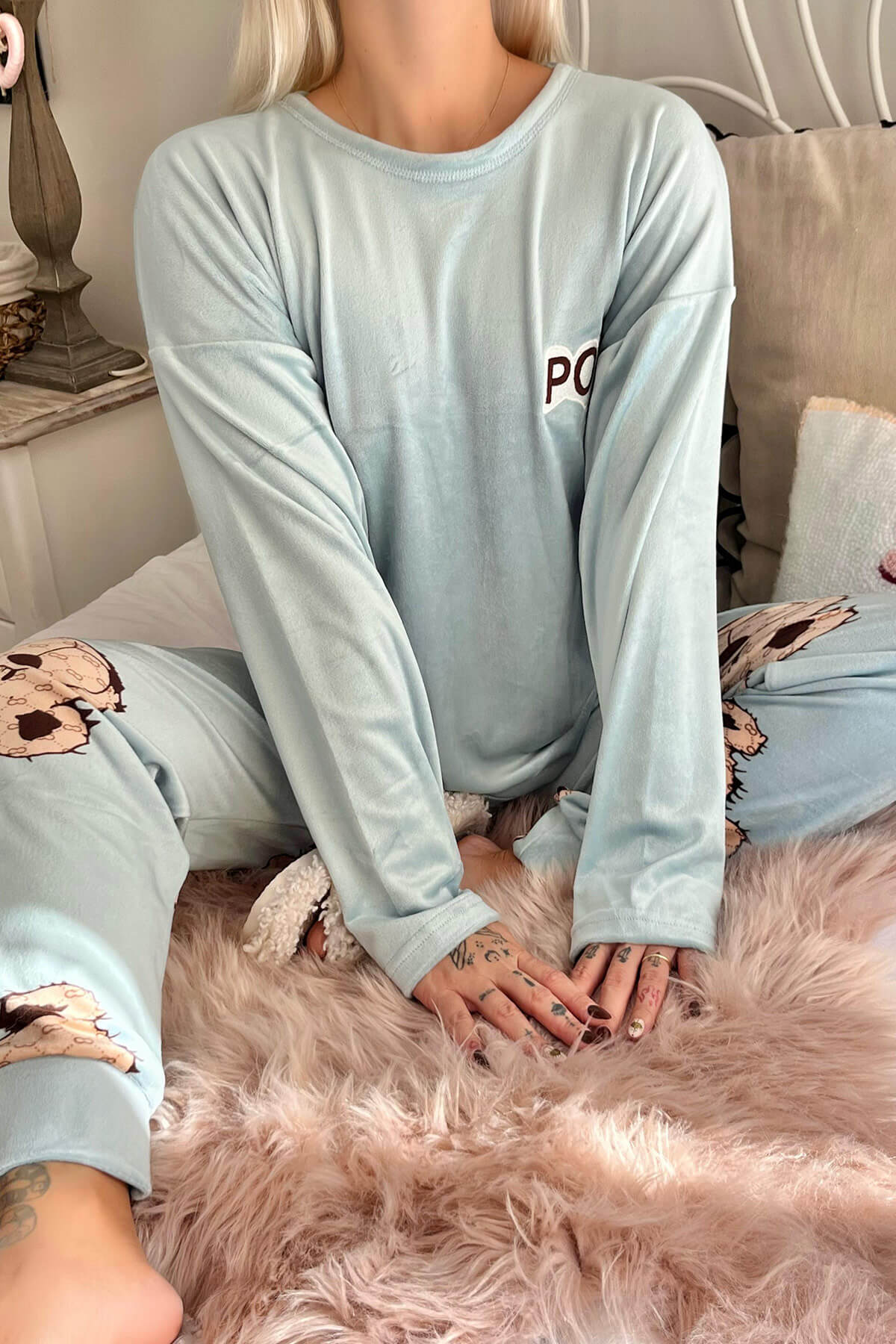 Mavi Pods Desenli Exclusive Kadife Kadın Pijama Takımı  - Pijamaevi (3)