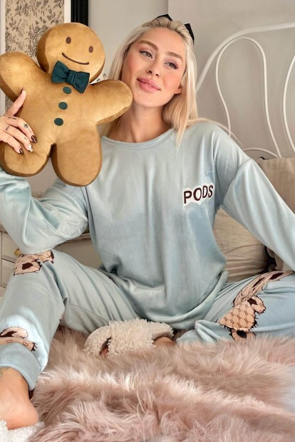 Mavi Pods Desenli Exclusive Kadife Kadın Pijama Takımı  - 6