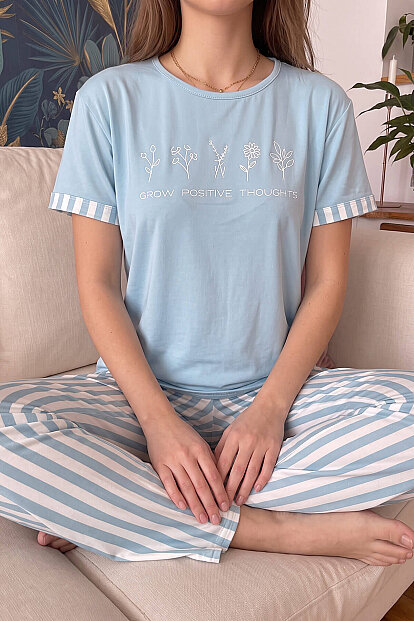 Mavi Positive Desenli Bambu Kısa Kol Kadın Pijama Takımı - 4