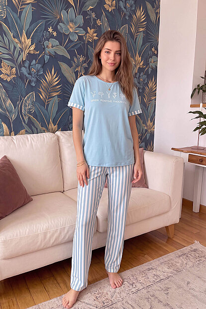 Mavi Positive Desenli Bambu Kısa Kol Kadın Pijama Takımı - 6