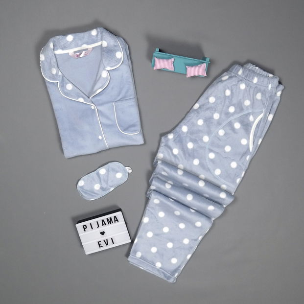 Mavi Puantiyeli Kadın Önden Düğmeli Yumoş Peluş Pijama Takımı - 2
