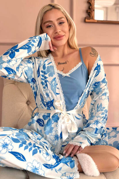 Mavi Serenity Exclusive Örme Sabahlıklı Kadın Pijama Takımı - 1