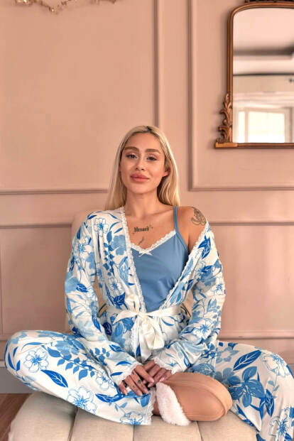 Mavi Serenity Exclusive Örme Sabahlıklı Kadın Pijama Takımı - 2