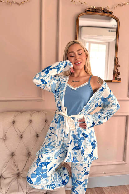 Mavi Serenity Exclusive Örme Sabahlıklı Kadın Pijama Takımı - 4